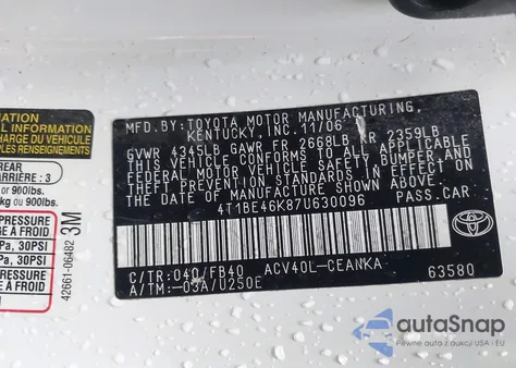 2007 Toyota Camry Le from USA, damaged, VIN 4T1BE46K87U630096